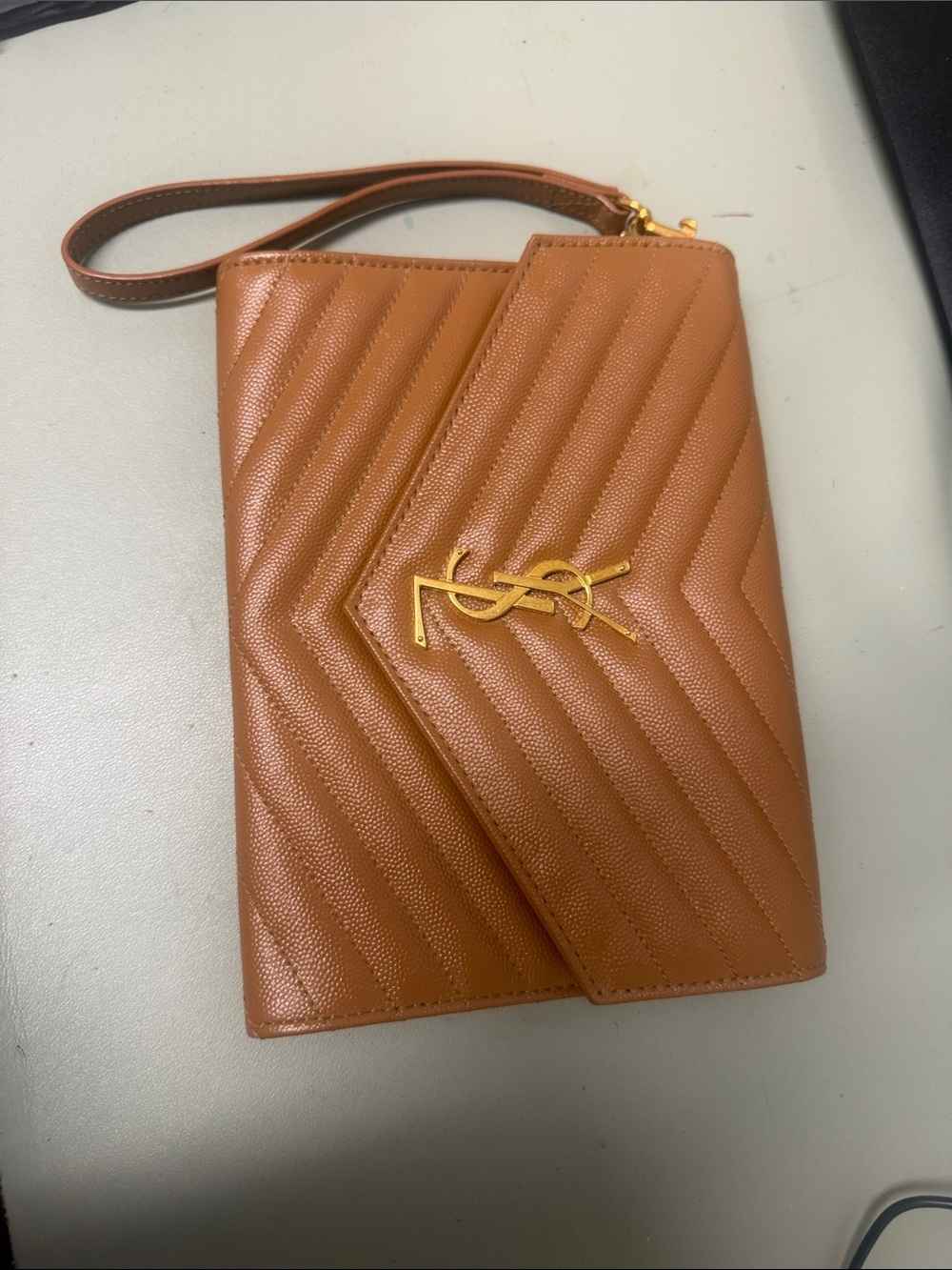 Saint Laurent Quilted Leather Wristlet Clutch in Cognac Brown with Gold Hardware